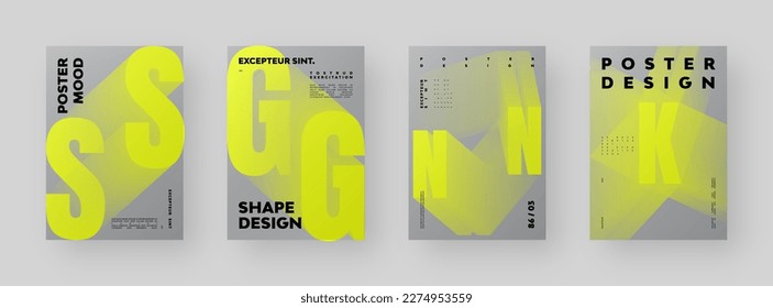 Abstract Posters Design Collection. Vertical A4 format. Modern placard set. Strict and discreet brochure. Yellow letter, 3D type composition.