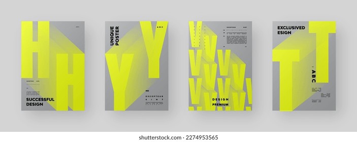 Abstract Posters Design Collection. Vertical A4 format. Modern placard set. Strict and discreet brochure. Yellow letter, 3D type composition.