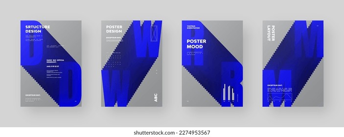 Abstract Posters Design Collection. Vertical A4 format. Modern placard set. Strict and discreet brochure. Blue letter, 3D type composition.