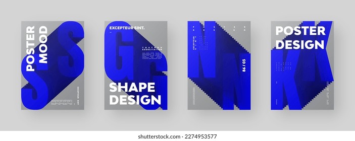 Abstract Posters Design Collection. Vertical A4 format. Modern placard set. Strict and discreet brochure. Blue letter, 3D type composition.