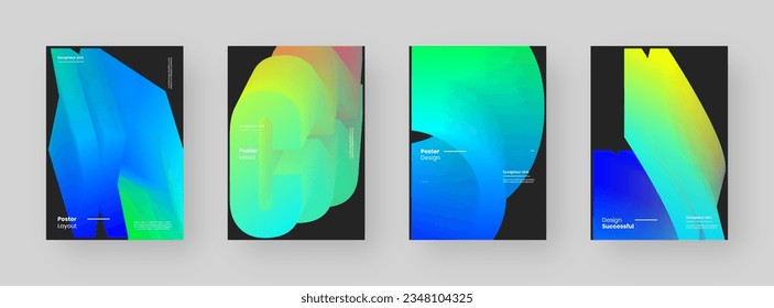 Resumen de la colección Diseño de afiches. Formato vertical A4. Kit de carteles moderno. Folleto estricto y discreto. Composición de forma 3d colorida