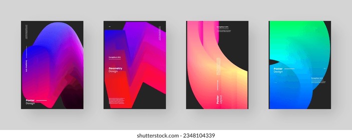 Abstract Posters Design collection. Vertical A4 format. Modern placard kit. Strict and discreet brochure. Colorful 3d form composition