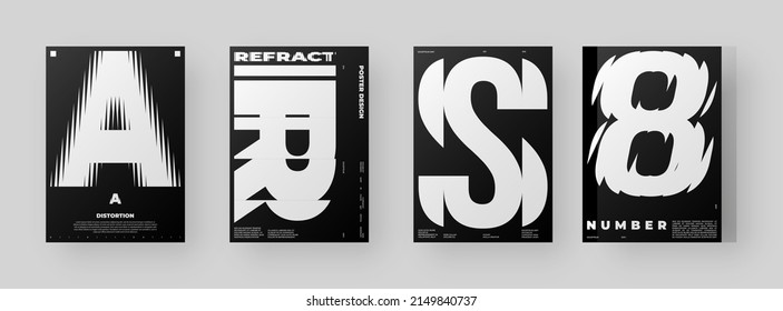 Abstract Posters Design kit. Vertical A4 format. Modern placard collection. Refraction and Distortion Glass Effect. Minimal vector illustration.
