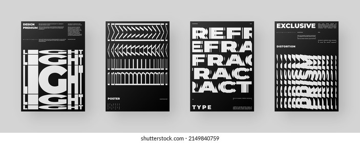 Abstract Posters Design kit. Vertical A4 format. Modern placard collection. Refraction and Distortion Glass Effect. Minimal vector illustration.