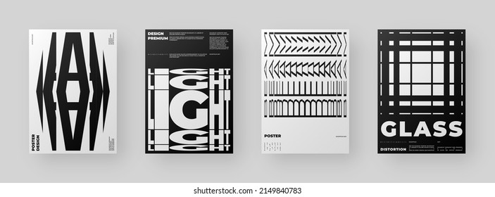 Abstract Posters Design kit. Vertical A4 format. Modern placard collection. Refraction and Distortion Glass Effect. Minimal vector illustration.