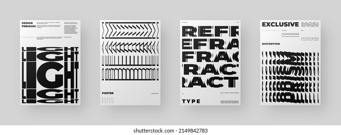 Abstract Posters Design kit. Vertical A4 format. Modern placard collection. Refraction and Distortion Glass Effect. Minimal vector illustration.