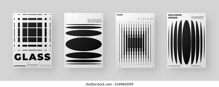 Abstract Posters Design kit. Vertical A4 format. Modern placard collection. Refraction and Distortion Glass Effect. Minimal vector illustration.