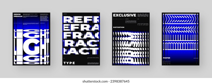 Abstract Posters Design set. Vertical A4 format. Modern placard collection. Refraction and Distortion Glass Effect. Minimal vector illustration.