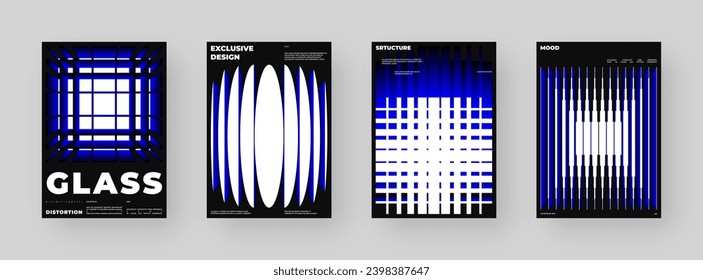 Abstract Posters Design set. Vertical A4 format. Modern placard collection. Refraction and Distortion Glass Effect. Minimal vector illustration.