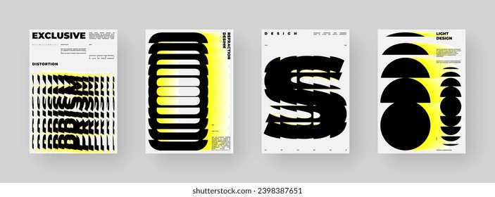 Abstract Posters Design set. Vertical A4 format. Modern placard collection. Refraction and Distortion Glass Effect. Minimal vector illustration.