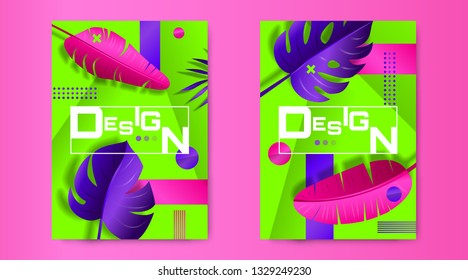 abstract posters design with tropical leaf geometric shapes  on trendy green background 