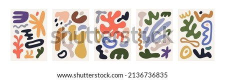 Abstract posters designs. Modern wall art with organic irregular geometric shapes. Contemporary artworks with creative elements pattern. Interior decorations set. Colored flat vector illustrations