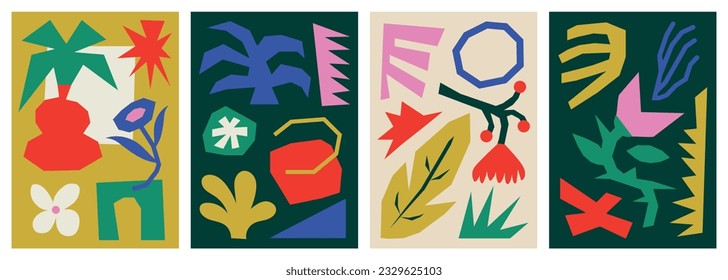 Abstract posters designs. Naive wall art with organic and irregular shapes. Contemporary artworks with creative and floral elements. Interior decorations set. Colored flat vector illustrations.