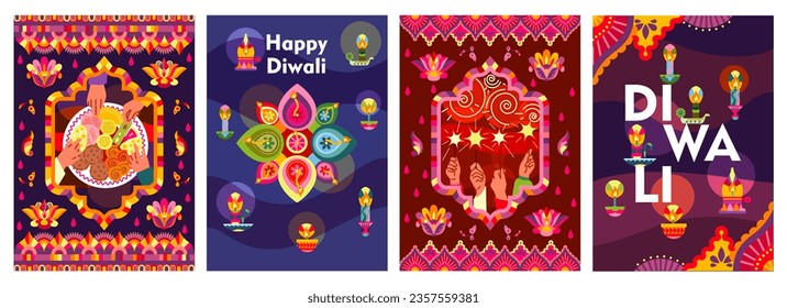 Afiches abstractos con la fiesta de Diwali. Pancartas coloridas con festiva de luces indias. Carteles con velas y lámparas encendidas, chispas y lámparas. Vector plano de dibujos animados aislado sobre fondo blanco