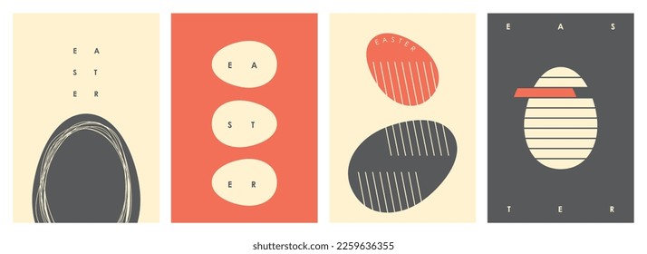 Afiches abstractos para las vacaciones de Pascua. Diseño de fondo minimalista. Ilustración vectorial con composiciones de huevos de Pascua.