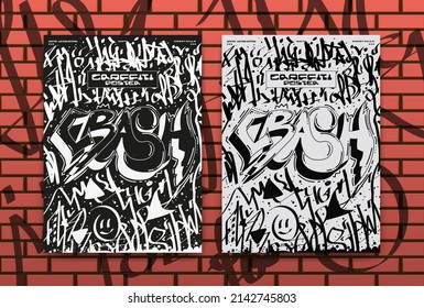 Abstract posters with elements of street graffiti. Vandalistic spray painting on the walls, street art with splatters and drips. Isolated on brick background