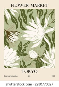 Abstract posters - Flower Market Tokyo. Trendy botanical wall art with floral design in sage green colors. Modern naive groovy funky interior decoration, painting. Vector art illustration.