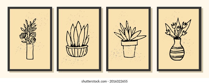 Abstrakte, Plakate, Blumen, Töpfe, Vasen, einfarbig, minimalistisch, trendy, retro, Wand, doodle, handgezeichnet, dekoriert, Kunst, Drucke, Boho, Böhm, Skandinavier, Innen, Galerie, minimal, Linie, minimal