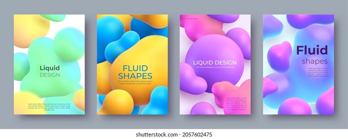 Abstract posters with flowing fluid 3d balls and blobs. Morphing liquid shapes design. Modern paint bubbles and blots vector background set. Dynamic bouncing fluid drops covers or flyers