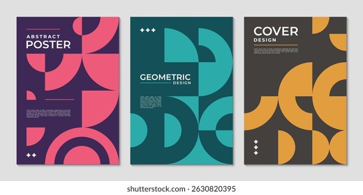 Abstract posters with geometric shapes pattern for covers layout design, vector backgrounds. Trendy posters with abstract modern mosaic figures and simple color shapes in retro pattern background