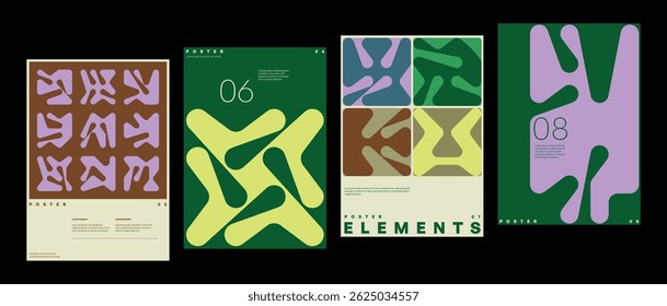 Abstract posters with geometric shapes and typography. Minimal design with organic curves and modernist influence.