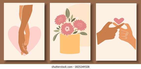 Abstract posters with hands on abstract background. Man holding woman's hand in pastel colors. Collection of contemporary art posters. Hand drawn pot, vase, flowers vector.