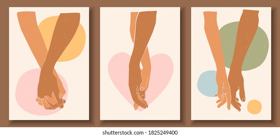 Abstract posters with hands on abstract background. Man holding woman's hand in pastel colors. Collection of contemporary art posters. 