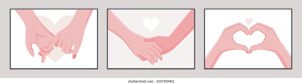 Abstract posters with hands on abstract background. Man holding woman's hand in pastel colors. Collection of contemporary art posters. Postcard for Valentine's Day.