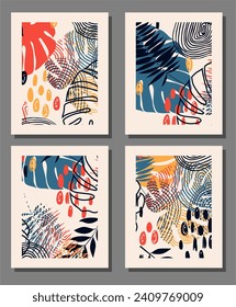 Abstract  posters with leaves art set. Botanical art vector for print, cover, wallpaper, natural wall art.