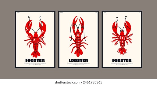 Abstract posters with lobsters. Trendy minimalist wall banner with lobster seafood food. Vector flat cartoon illustration in 90s style