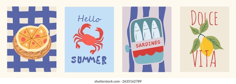 Abstract posters in minimalist style. Italian wall art decor, trendy banners of summer, lemon, sardines, crab, pizza in the cartoon style. Mediterranean decor of wallpaper, walls, print and postcards.
