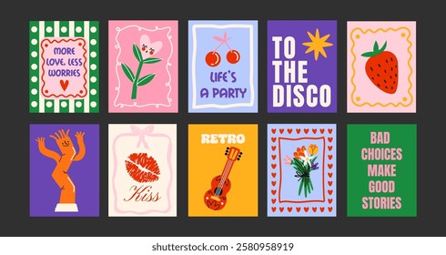 Abstract posters in a minimalist style. Wall decor, trendy banners of summer, flowers , cocktails, disco, animals in the cartoon style of Matisse. Decor of wallpaper, walls, print and postcards