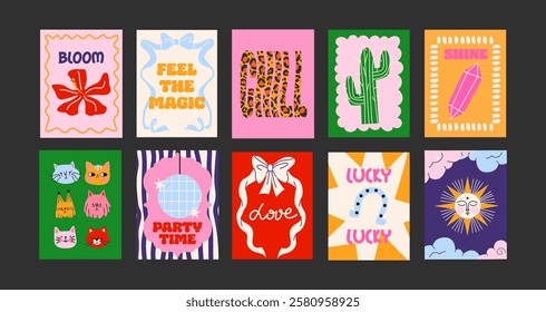 Abstract posters in a minimalist style. Wall decor, trendy banners of summer, flowers , cocktails, disco, animals in the cartoon style of Matisse. Decor of wallpaper, walls, print and postcards