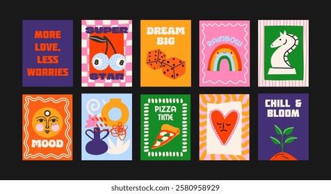 Abstract posters in a minimalist style. Wall decor, trendy banners of summer, flowers , cocktails, disco, animals in the cartoon style of Matisse. Decor of wallpaper, walls, print and postcards