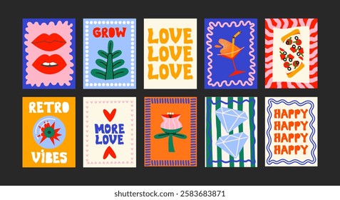 Abstract posters in a minimalist style. Wall decor, trendy banners of summer, flowers , cocktails, disco, animals in the cartoon style of Matisse. Decor of wallpaper, walls, print and postcards