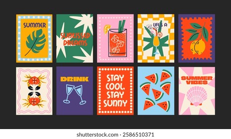 Abstract posters in a minimalist style. Wall decor, trendy banners of summer, flowers , cocktails, disco, animals in the cartoon style of Matisse. Decor of wallpaper, walls, print and postcards