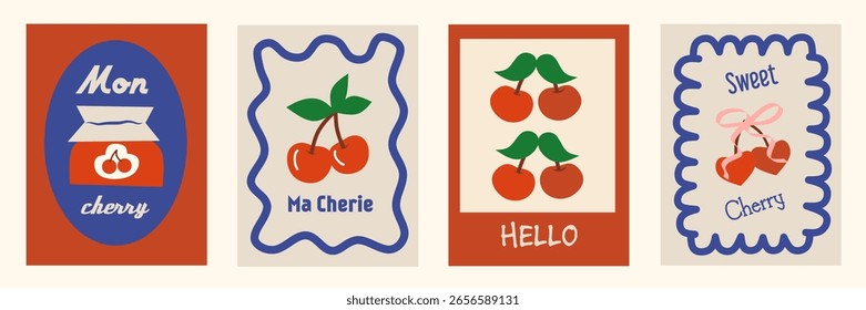 Abstract posters in minimalist style. Wall decor, trendy banners of summer, fruits, cherry, flowers, plants in the cartoon style of Matisse. Decor of wallpaper, walls, print, wall art and postcards.