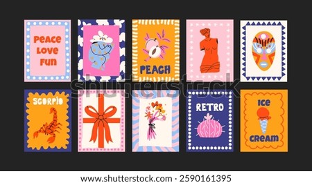 к: Abstract posters in a minimalist style. Wall decor, trendy banners of summer, flowers , cocktails, disco, animals in the cartoon style of Matisse. Decor of wallpaper, walls, print and postcards