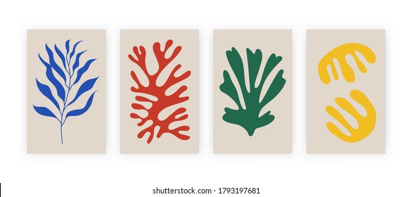 Abstract posters with organic shapes. Contemporary collage Matisse inspired, set of botanical elements. Vector illustration.