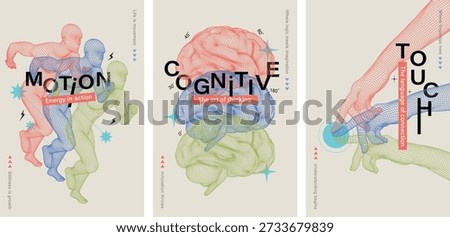Abstract posters representing AI intelligence concepts with 3D wireframe human, brain and hands. Visualizing machine learning cognition, neural networks, and human-computer interaction for tech design