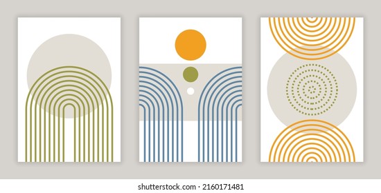 Abstract posters set. Collection of graphic elements for website, cover. Minimalistic style, paintings for modern apartment or home. Cartoon flat vector illustrations isolated on grey background