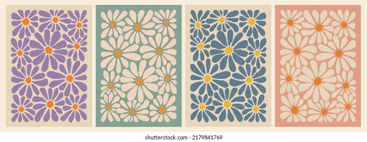 Abstract Posters Set with Daisy Flower. Aesthetic Modern Art Illustration. Vector Retro Groovy Pattern. Retro Floral Posters