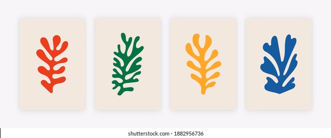 Abstract posters set with organic shapes. Contemporary collage Matisse inspired, hand drawn botanical elements. Vector illustration