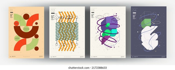 Abstract posters. Set of vector illustrations. Memphis and Bauhaus style designs. Modern paintings for interior.