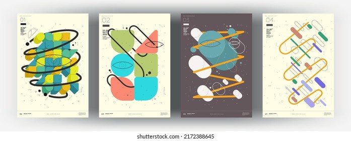 Abstract posters. Set of vector illustrations. Memphis and Bauhaus style designs. Modern paintings for interior.