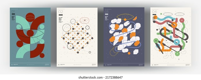 Abstract posters. Set of vector illustrations. Memphis and Bauhaus style designs. Modern paintings for interior.