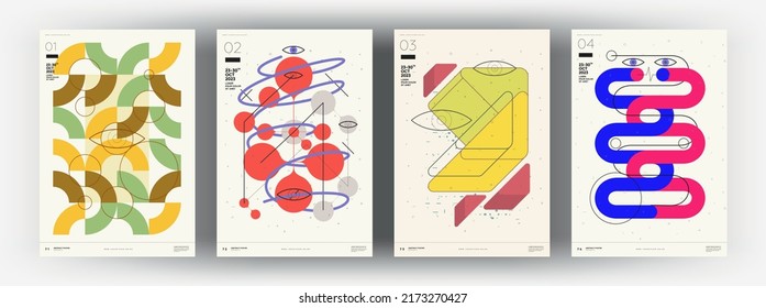 Abstract posters. Set of vector illustrations. Memphis and Bauhaus style designs. Modern paintings for interior.