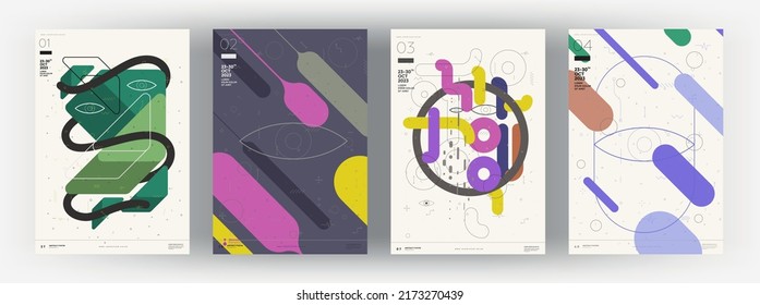 Abstract Posters. Set Of Vector Illustrations. Memphis And Bauhaus Style Designs. Modern Paintings For Interior.