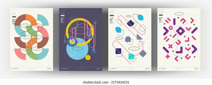 Afiches abstractos. Conjunto de ilustraciones vectoriales. Diseños de estilo Memphis y Bauhaus. Cuadros interiores modernos.