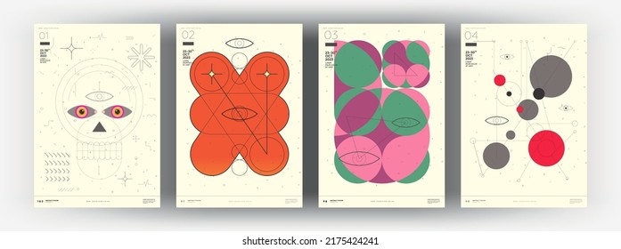 Abstract posters. Set of vector illustrations. Memphis and Bauhaus style designs. Modern paintings for interior.